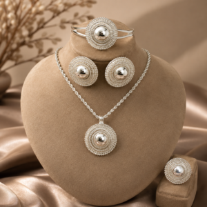 Ethnic Silver Color Round Geometry Jewelry Set Pendant Necklace Ring Earrings Bride Wedding Party Gifts