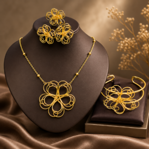 Gold Plated Flower Jewelry Set Women Gold Color Wedding Luxury Wedding Bangle Ring Necklace Earring Dubai African Party Gift