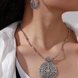 Ethnic Round Pendant Earrings For Women Bohemia Design Tube Chain Silver Color Elegant Vintage Jewelry Set