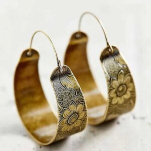 Ethnic Vintage Gold Color Round Earrings Metal Carving Flower Pattern Dangle Earrings Jewelry
