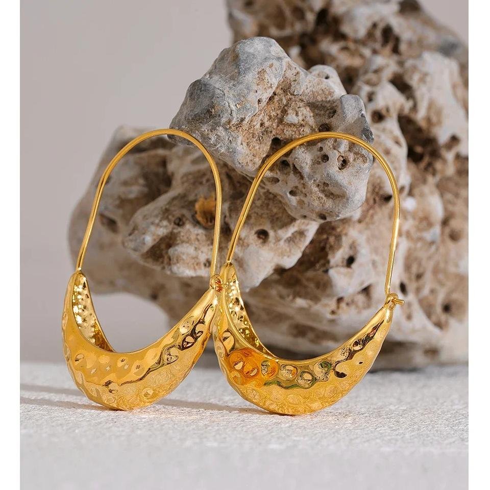 Yhpup Golden Stainless Steel Drop Dangle Hoop Earrings Ear Hook Tarnish Free Minimalist Metal Texture Women Fashion Jewelry