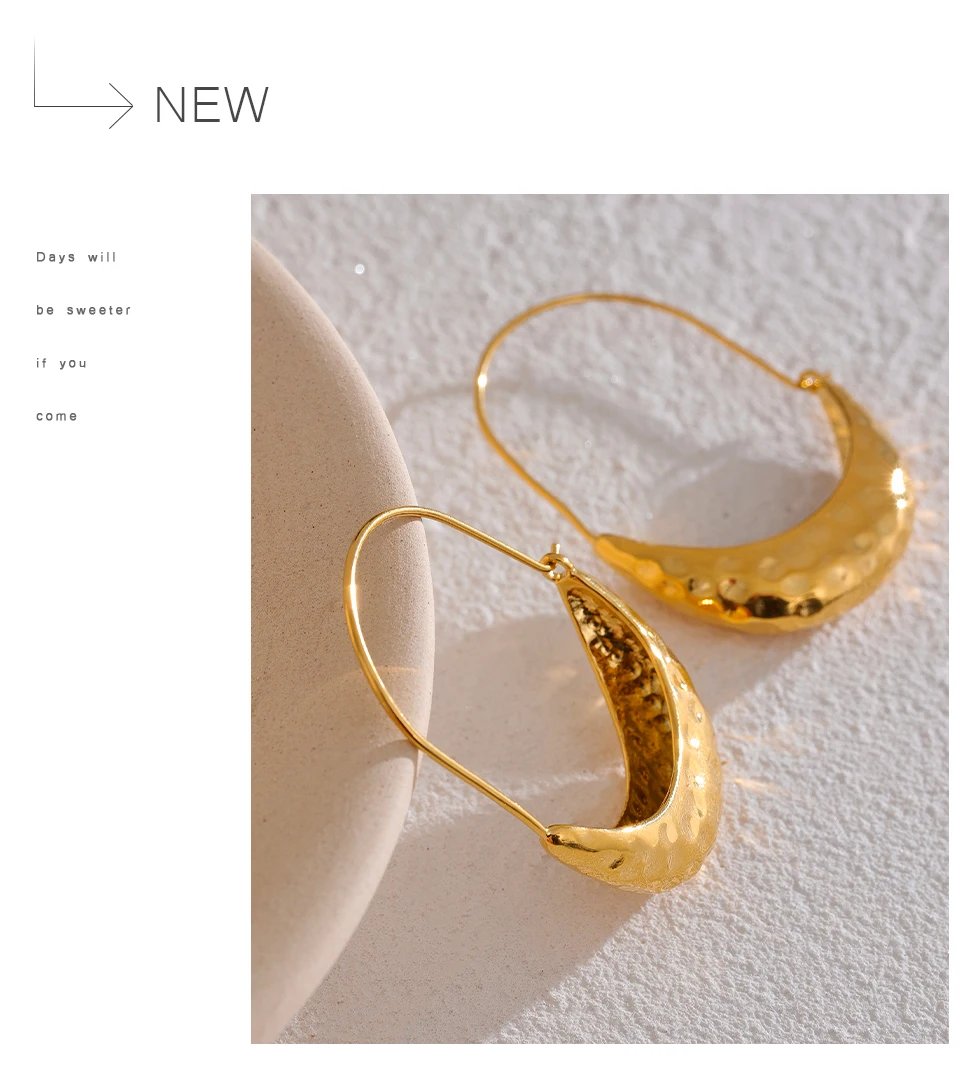 Yhpup Golden Stainless Steel Drop Dangle Hoop Earrings Ear Hook Tarnish Free Minimalist Metal Texture Women Fashion Jewelry