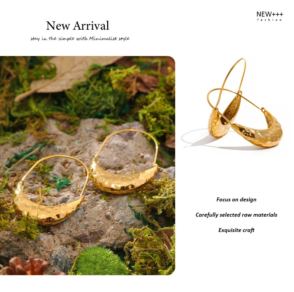 Yhpup Golden Stainless Steel Drop Dangle Hoop Earrings Ear Hook Tarnish Free Minimalist Metal Texture Women Fashion Jewelry