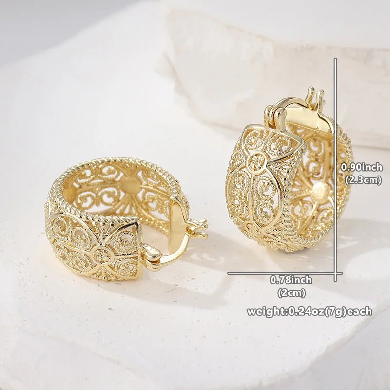 Vintage art hollow pattern gold round elegant women's earrings accessories, exquisite gifts for festivals and parties