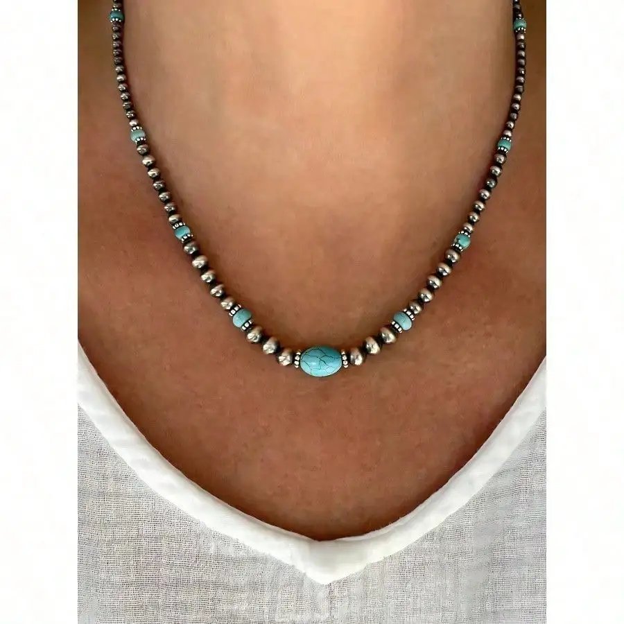 Retro Turquoise Necklace Vintage Western Country Earrings Set Female Ancient Silver Color Beaded Jewelry Set Retro Turquoise Necklace Vintage Western Country Earrings Set Female Ancient Silver Color Beaded Jewelry Set