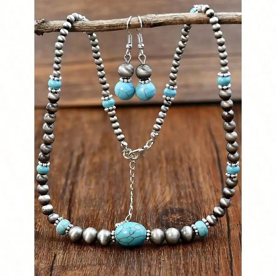 Retro Turquoise Necklace Vintage Western Country Earrings Set Female Ancient Silver Color Beaded Jewelry Set Retro Turquoise Necklace Vintage Western Country Earrings Set Female Ancient Silver Color Beaded Jewelry Set