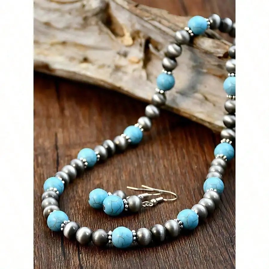Retro Turquoise Necklace Vintage Western Country Earrings Set Female Ancient Silver Color Beaded Jewelry Set Retro Turquoise Necklace Vintage Western Country Earrings Set Female Ancient Silver Color Beaded Jewelry Set