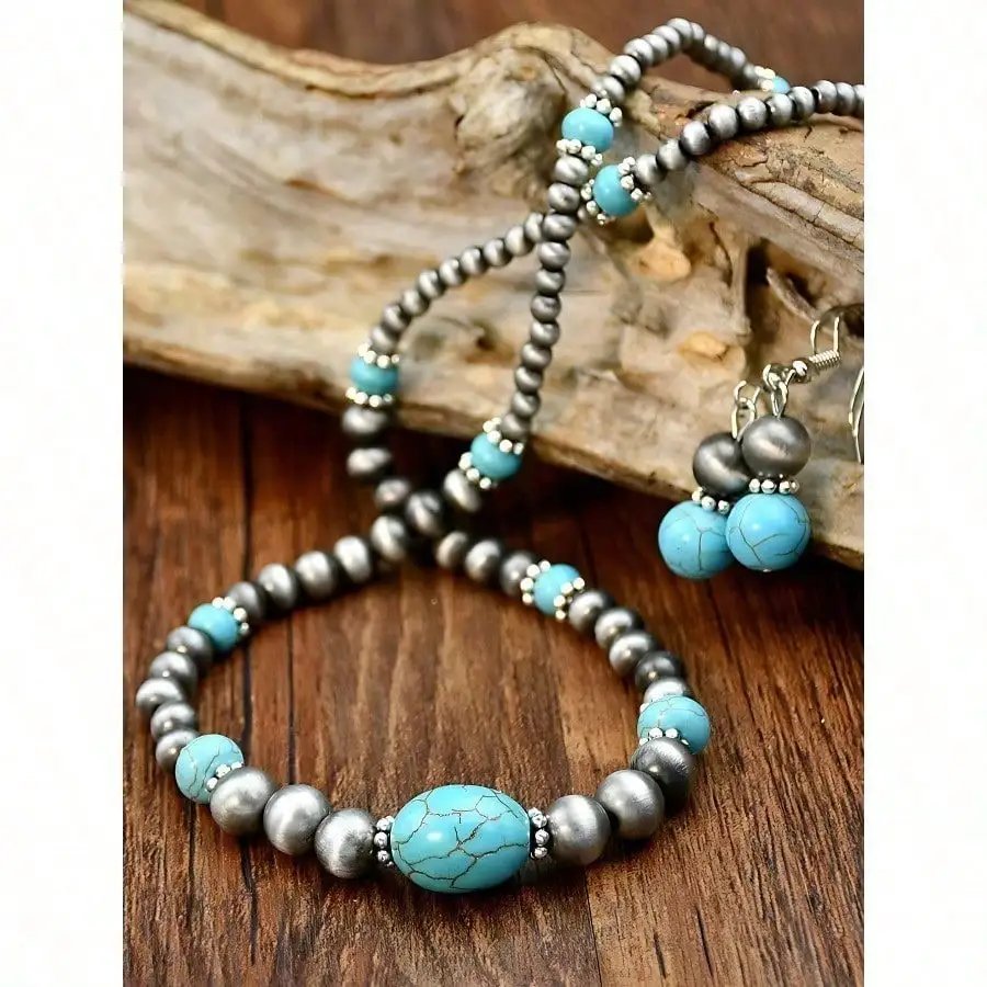Retro Turquoise Necklace Vintage Western Country Earrings Set Female Ancient Silver Color Beaded Jewelry Set Retro Turquoise Necklace Vintage Western Country Earrings Set Female Ancient Silver Color Beaded Jewelry Set