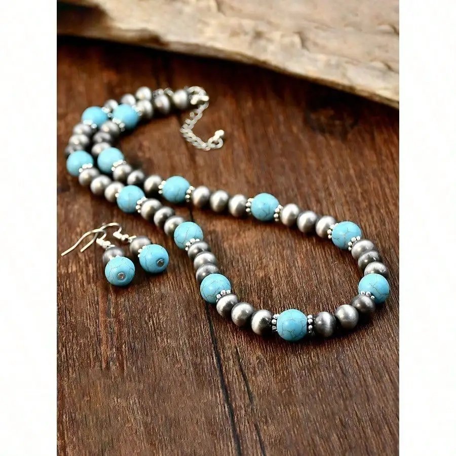 Retro Turquoise Necklace Vintage Western Country Earrings Set Female Ancient Silver Color Beaded Jewelry Set Retro Turquoise Necklace Vintage Western Country Earrings Set Female Ancient Silver Color Beaded Jewelry Set