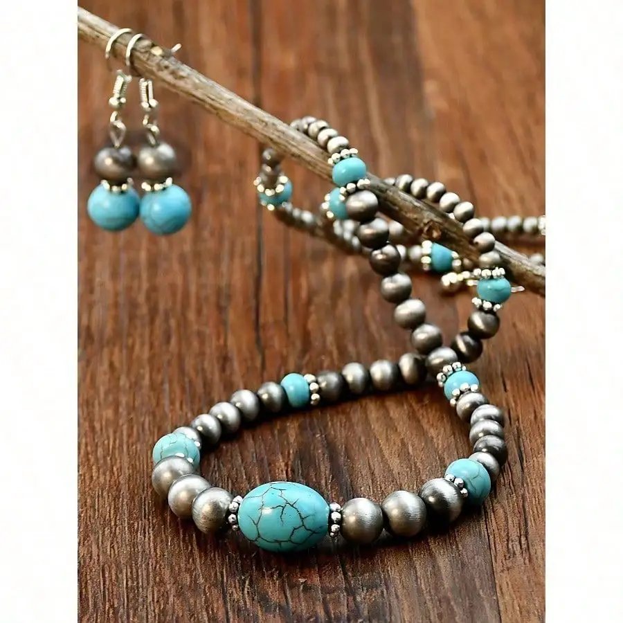 Retro Turquoise Necklace Vintage Western Country Earrings Set Female Ancient Silver Color Beaded Jewelry Set
