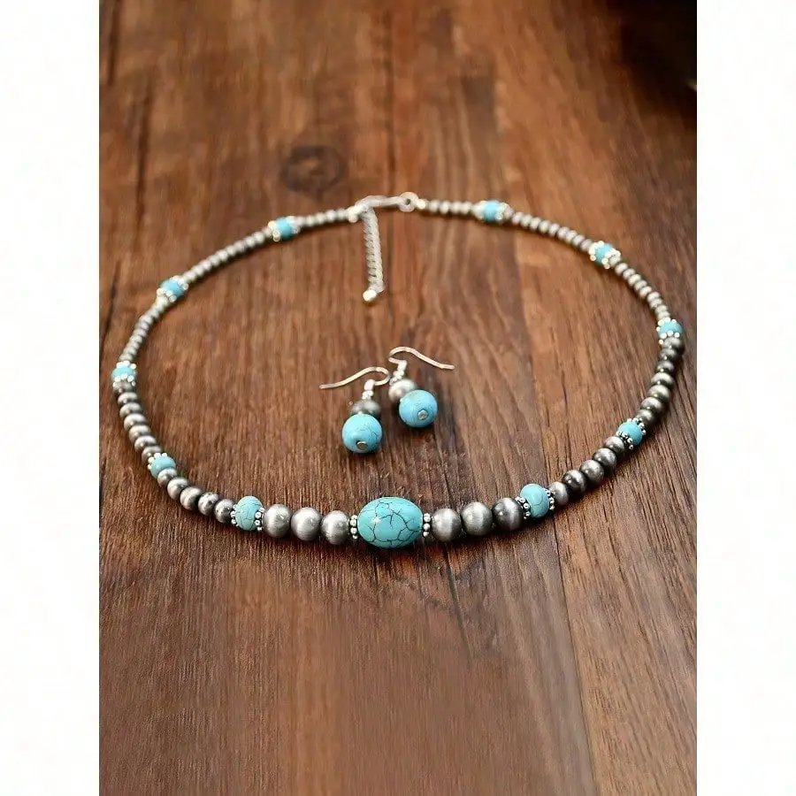 Retro Turquoise Necklace Vintage Western Country Earrings Set Female Ancient Silver Color Beaded Jewelry Set Retro Turquoise Necklace Vintage Western Country Earrings Set Female Ancient Silver Color Beaded Jewelry Set