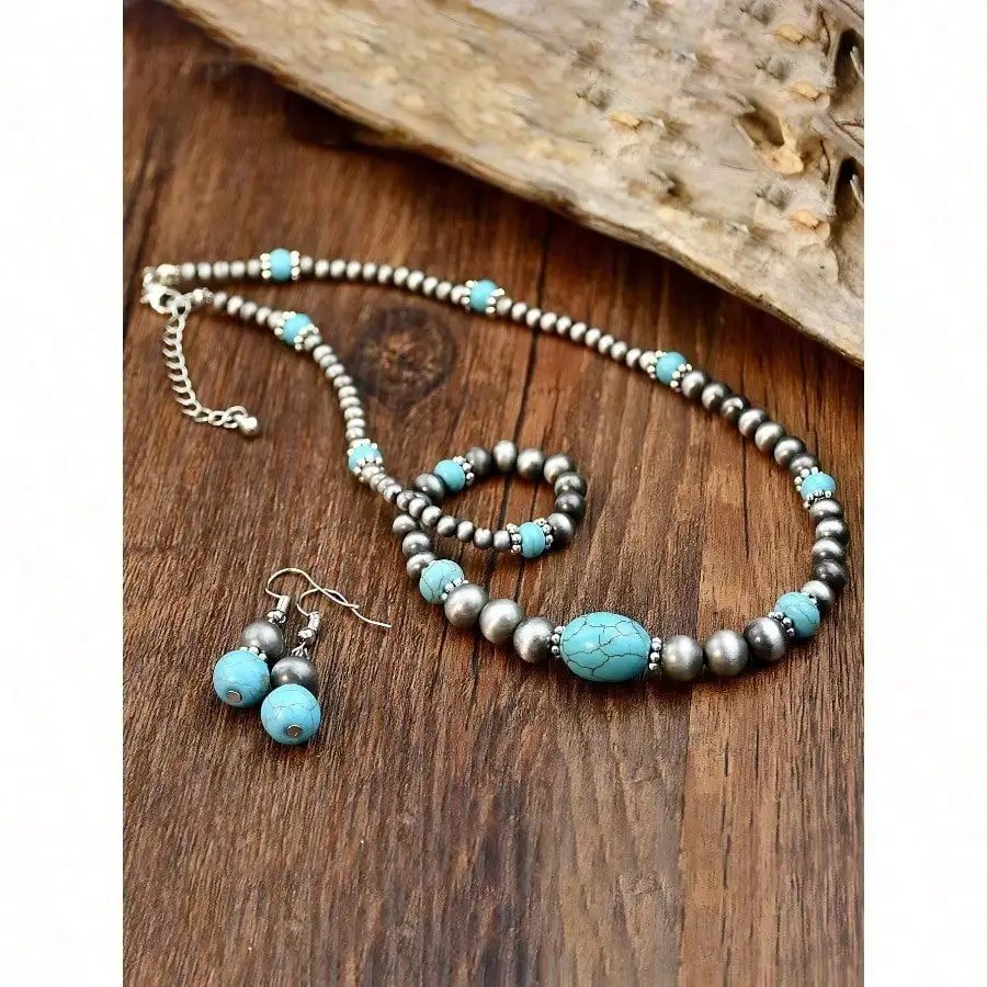 Retro Turquoise Necklace Vintage Western Country Earrings Set Female Ancient Silver Color Beaded Jewelry Set Retro Turquoise Necklace Vintage Western Country Earrings Set Female Ancient Silver Color Beaded Jewelry Set