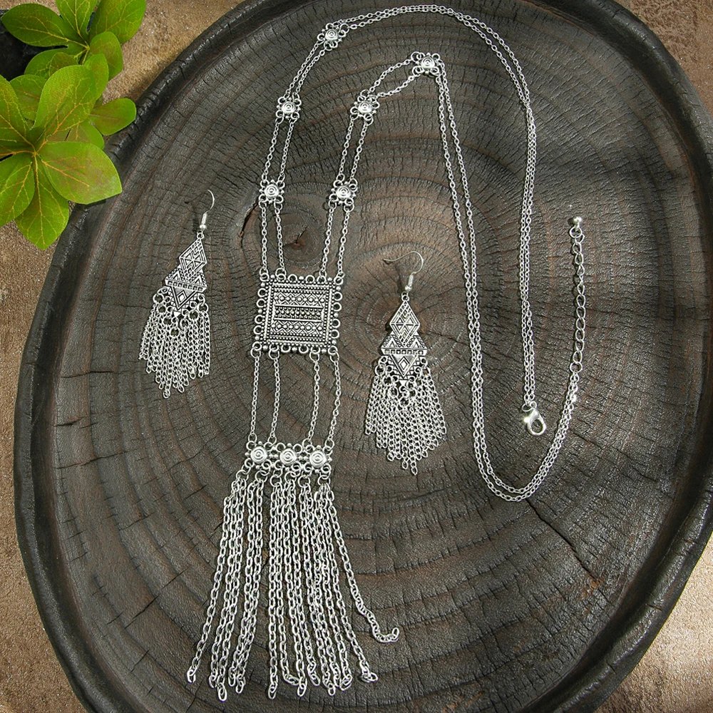 Ethnic Boho Vintage Ethnic Style Jewelry Antique Silver Long Chain Dangle Earrings Geometric Statement Daily Wear Work Vacation - Image 3