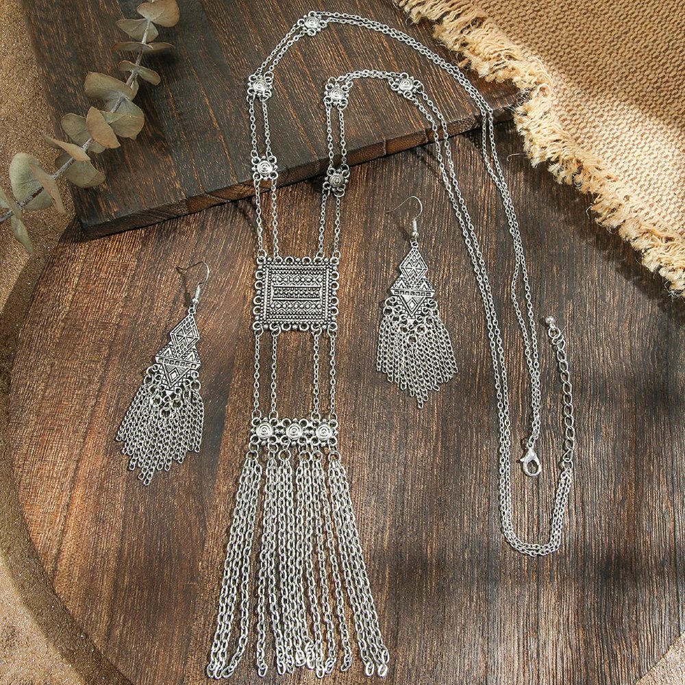 3pcs Boho Vintage Ethnic Style Jewelry Antique Silver Long Chain Dangle Earrings Geometric Statement Daily Wear Work Vacation 3pcs Boho Vintage Ethnic Style Jewelry Antique Silver Long Chain Dangle Earrings Geometric Statement Daily Wear Work Vacation
