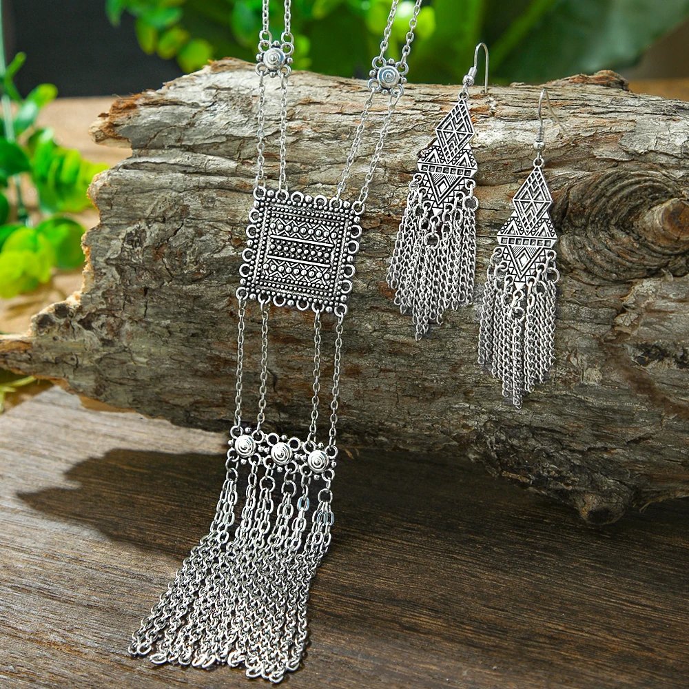 3pcs Boho Vintage Ethnic Style Jewelry Antique Silver Long Chain Dangle Earrings Geometric Statement Daily Wear Work Vacation 3pcs Boho Vintage Ethnic Style Jewelry Antique Silver Long Chain Dangle Earrings Geometric Statement Daily Wear Work Vacation