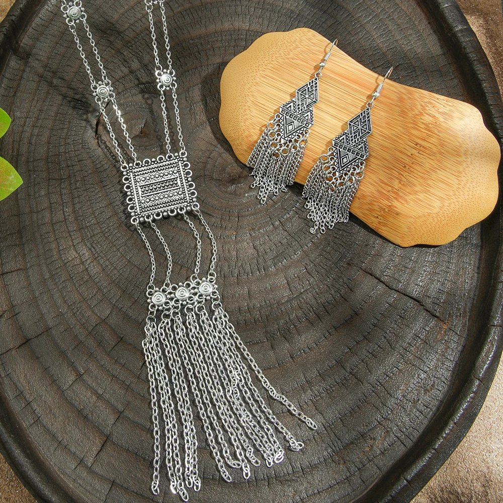 3pcs Boho Vintage Ethnic Style Jewelry Antique Silver Long Chain Dangle Earrings Geometric Statement Daily Wear Work Vacation 3pcs Boho Vintage Ethnic Style Jewelry Antique Silver Long Chain Dangle Earrings Geometric Statement Daily Wear Work Vacation