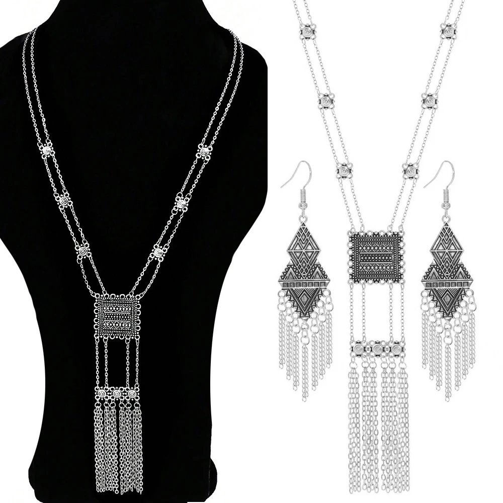 Ethnic Boho Vintage Ethnic Style Jewelry Antique Silver Long Chain Dangle Earrings Geometric Statement Daily Wear Work Vacation - Image 2