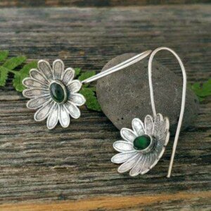 Ethnic Vintage Green Flower Silver Earrings For Women Female Jewelry