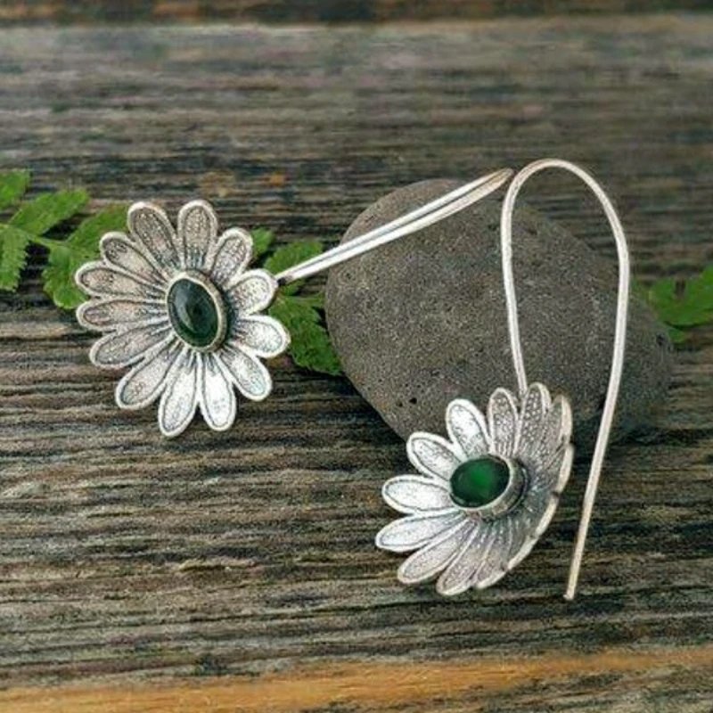 Ethnic Vintage Green Flower Silver Earrings For Women Female Jewelry