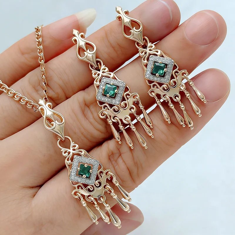 Kinel Shiny Green Natural Zircon Jewelry Sets for Woman Fashion 585 Rose Gold Color Ring Earrings Necklace 3Pcs Vintage Jewelry