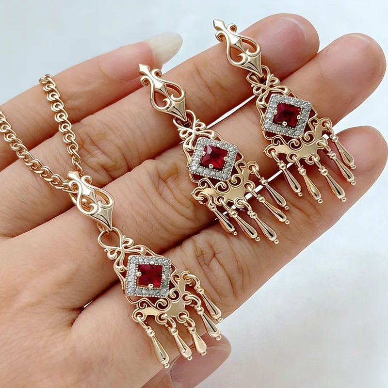 Kinel Shiny Green Natural Zircon Jewelry Sets for Woman Fashion 585 Rose Gold Color Ring Earrings Necklace 3Pcs Vintage Jewelry