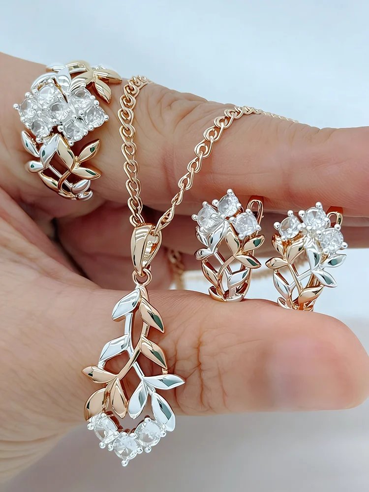 Kinel Hot Natural Zircon Daily Fine Ring Earrings Necklace For Women 585 Rose Gold Silver Color Mix Bride Wedding Jewelry Set Kinel Hot Natural Zircon Daily Fine Ring Earrings Necklace For Women 585 Rose Gold Silver Color Mix Bride Wedding Jewelry Set