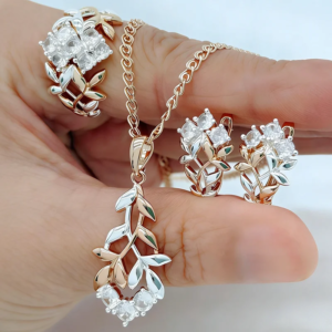 Kinel Hot Natural Zircon Daily Fine Ring Earrings Necklace For Women 585 Rose Gold Silver Color Mix Bride Wedding Jewelry Set