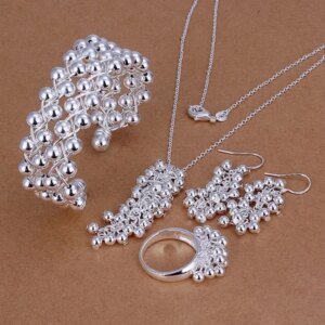 Pure 925 Sterling Silver Girl Women Lady Bead Grape Wedding Earrings Ring Bracelet Necklace Fashion Jewelry Sets