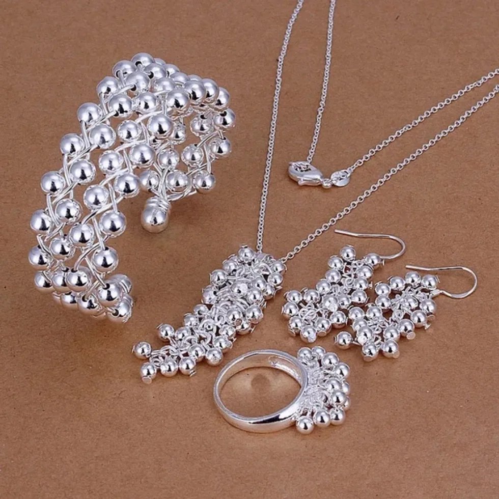Pure 925 Sterling Silver Girl Women Lady Bead Grape Wedding Earrings Ring Bracelet Necklace Fashion Jewelry Sets