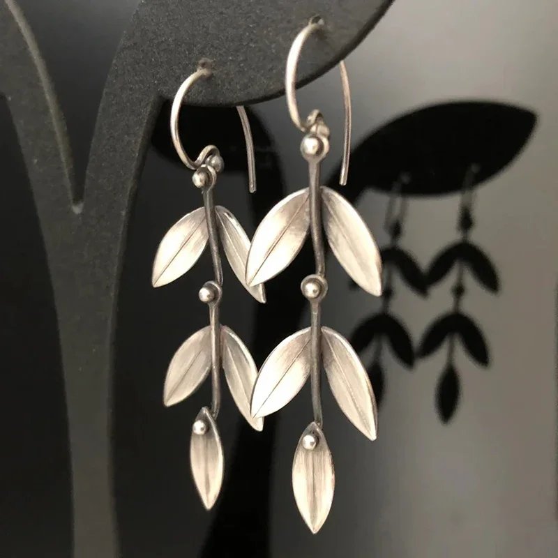 Ethnic Style Silver Color Metal Leaf Earrings for Women Female Vintage Handmade Statement Hook Earring Party Jewelry Gifts