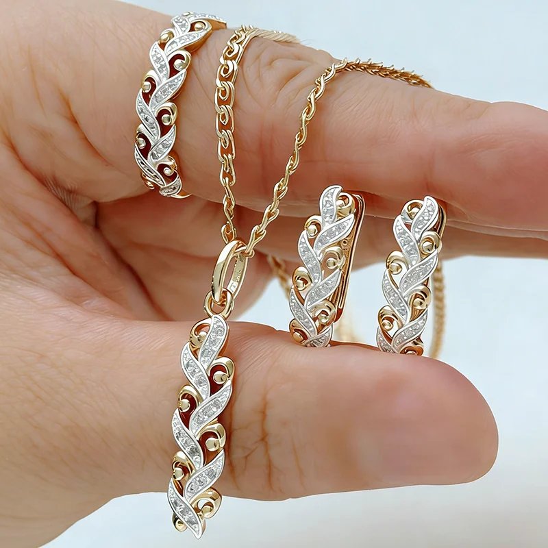 Kinel Hot Natural Zircon Daily Fine Ring Earrings Necklace For Women 585 Rose Gold Silver Color Mix Bride Wedding Jewelry Set Kinel Hot Natural Zircon Daily Fine Ring Earrings Necklace For Women 585 Rose Gold Silver Color Mix Bride Wedding Jewelry Set