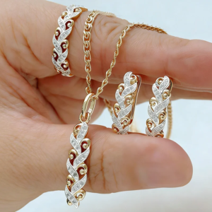 14k gold plated Zircon Daily Fine Ring Earrings Necklace For Women 585 Rose Gold Silver Color Mix Bride Wedding Jewelry Set