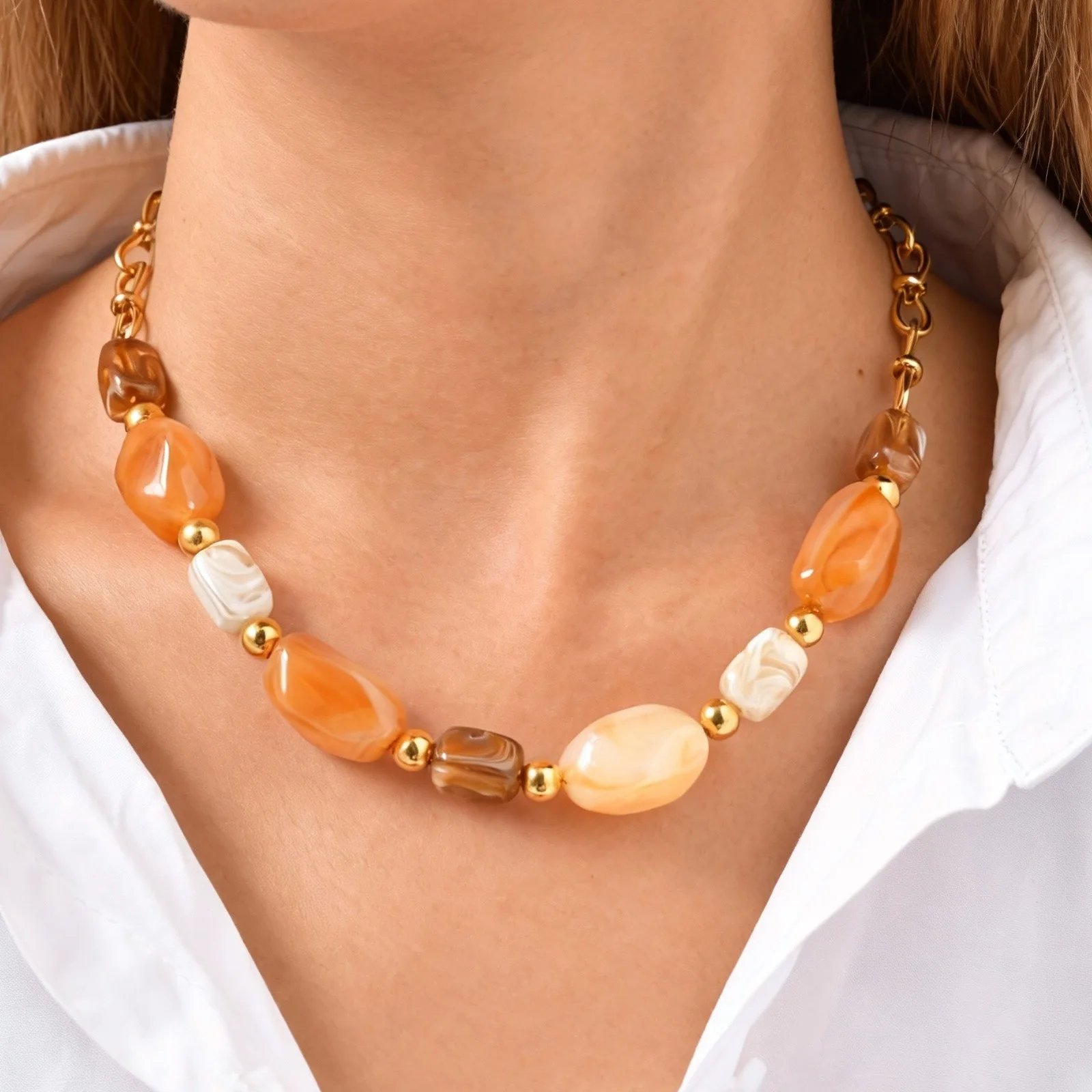 Vintage Acrylic Resin Irregular Pendant Necklace for Women, 18K Gold Plated Stainless Steel Necklace, Trendy Jewelry Waterproof Vintage Acrylic Resin Irregular Pendant Necklace for Women, 18K Gold Plated Stainless Steel Necklace, Trendy Jewelry Waterproof