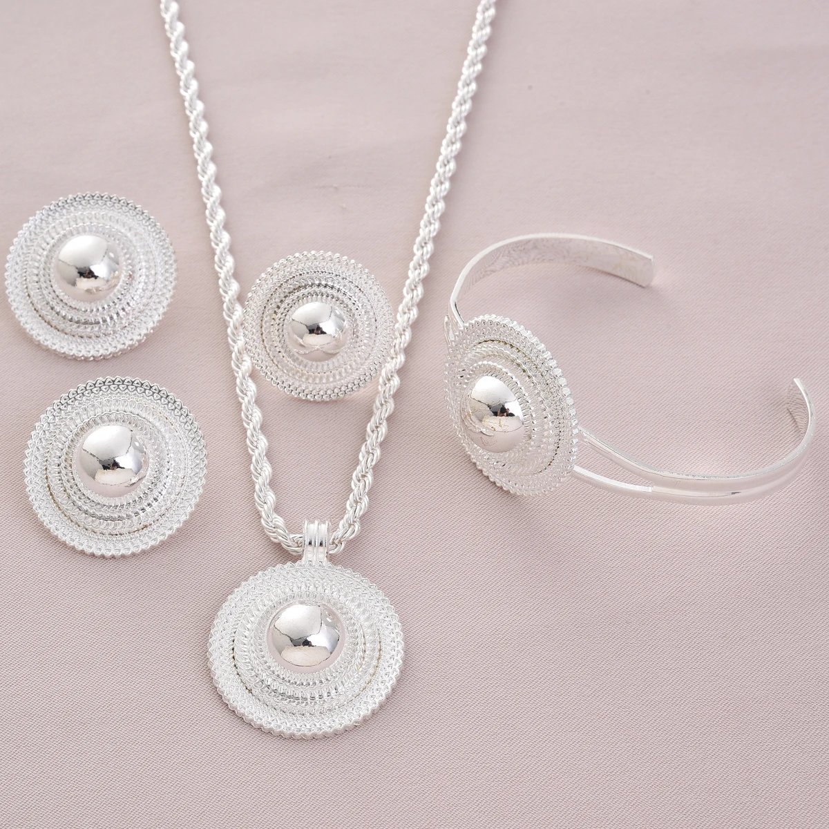 Africa Silver Color Round Geometry Jewelry Set Dubai Pendant Necklace Ring Earrings Arab Ethiopian Bride Wedding Party Gifts