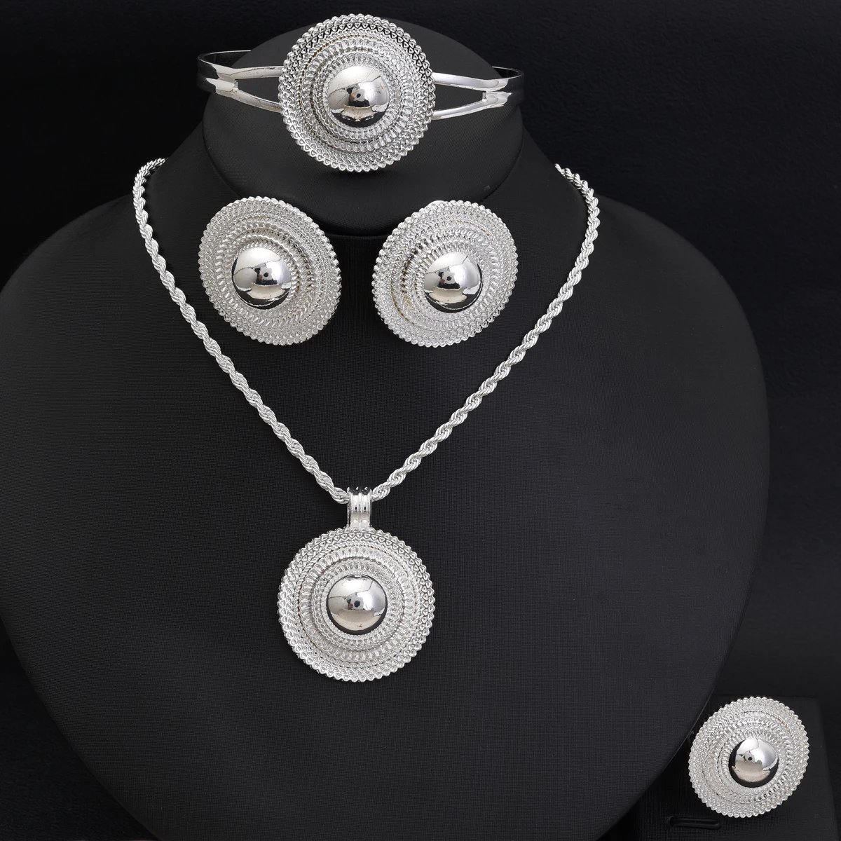 Africa Silver Color Round Geometry Jewelry Set Dubai Pendant Necklace Ring Earrings Arab Ethiopian Bride Wedding Party Gifts