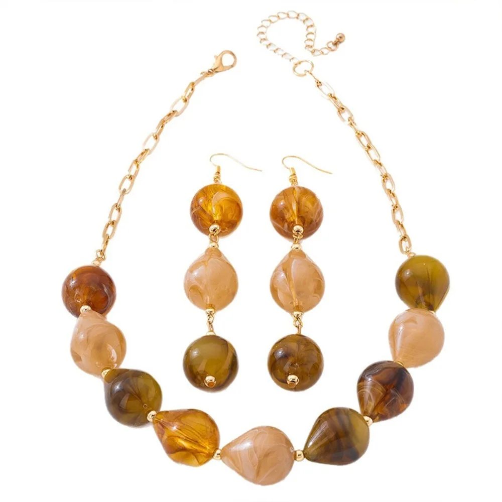 Amber Teardrop Bead Jewelry Set (Necklace & Earrings), Vintage Earth Tone Fashion Jewelry for Women, Boho Wear Accessory