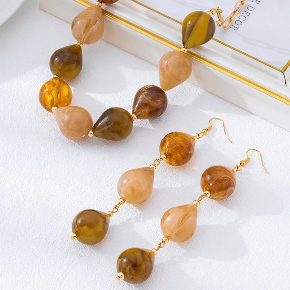 Amber Teardrop Bead Jewelry Set (Necklace & Earrings), Vintage Earth Tone Fashion Jewelry for Women, Boho Wear Accessory