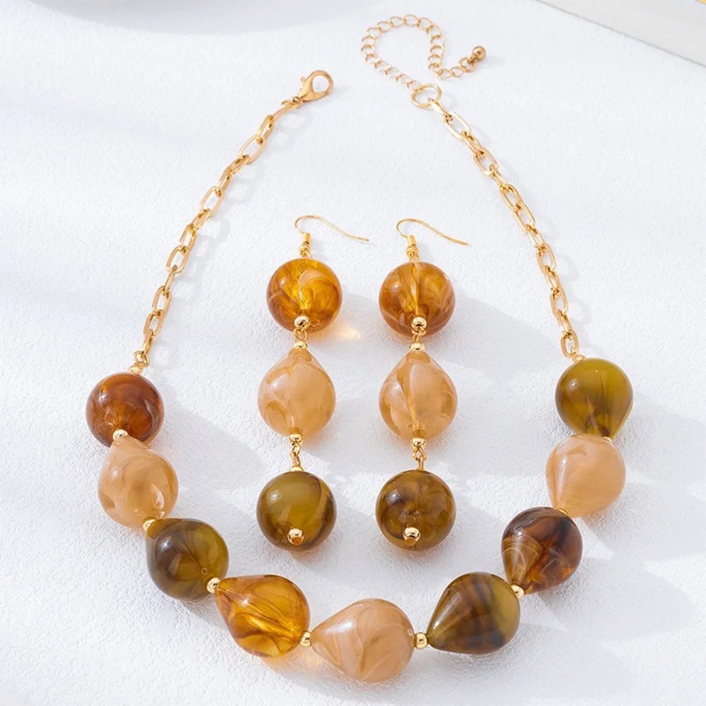Amber Teardrop Bead Jewelry Set (Necklace & Earrings), Vintage Earth Tone Fashion Jewelry for Women, Boho Wear Accessory