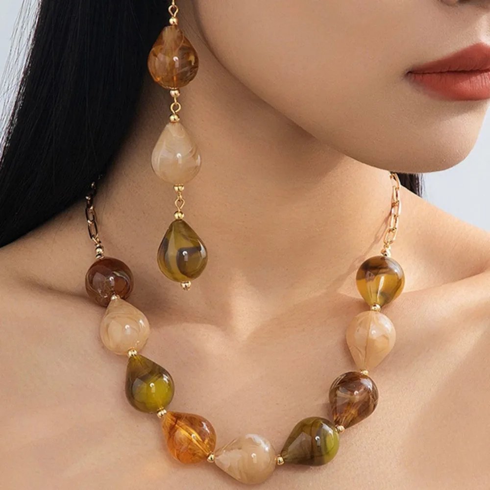 Amber Teardrop Bead Jewelry Set (Necklace & Earrings), Vintage Earth Tone Fashion Jewelry for Women, Boho Wear Accessory