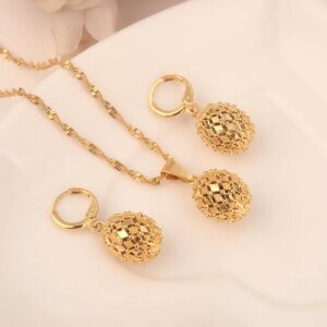 Ethical Gold Color Cute Jewelry Round Ball Girls Bridal jewelry For Women Necklace Earrings Pendant Set Accessories Wedding Party Gift