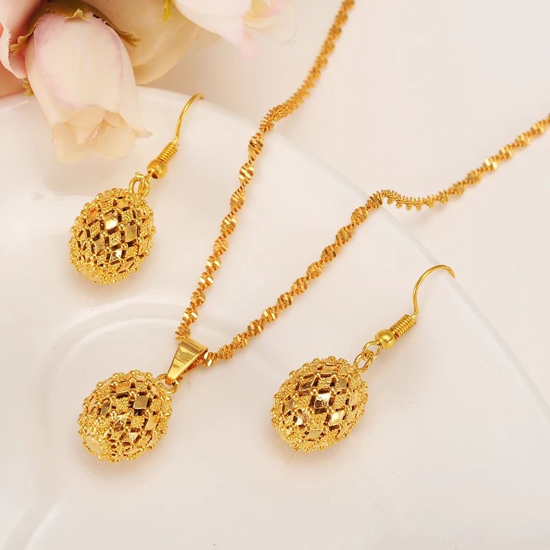 Gold Color Cute Jewelry Round Ball Girls Bridal jewelry For Women Necklace Earrings Pendant Set Accessories Wedding Party Gift Gold Color Cute Jewelry Round Ball Girls Bridal jewelry For Women Necklace Earrings Pendant Set Accessories Wedding Party Gift