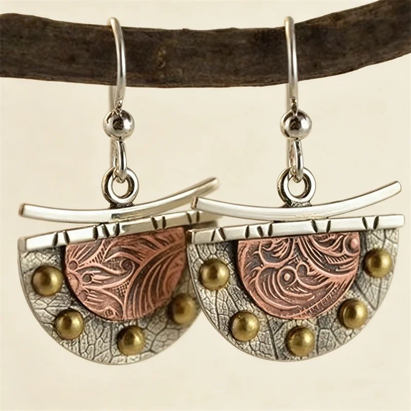 Ethnic Bronze Semicircle Hook Earrings Vintage Metal Two Tone Carving Pattern Handmade Drop Earrings for Women Jewelry - Image 6