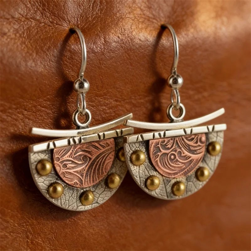 Ethnic Bronze Semicircle Hook Earrings Vintage Metal Two Tone Carving Pattern Handmade Drop Earrings for Women Jewelry - Image 5