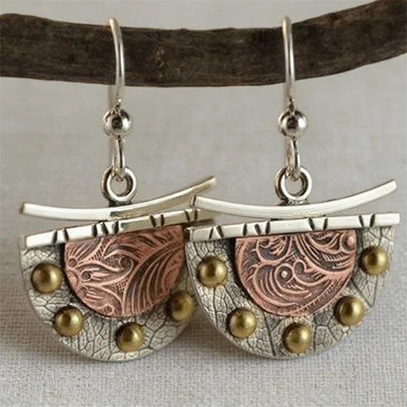 Ethnic Bronze Semicircle Hook Earrings Vintage Metal Two Tone Carving Pattern Handmade Drop Earrings for Women Jewelry - Image 4