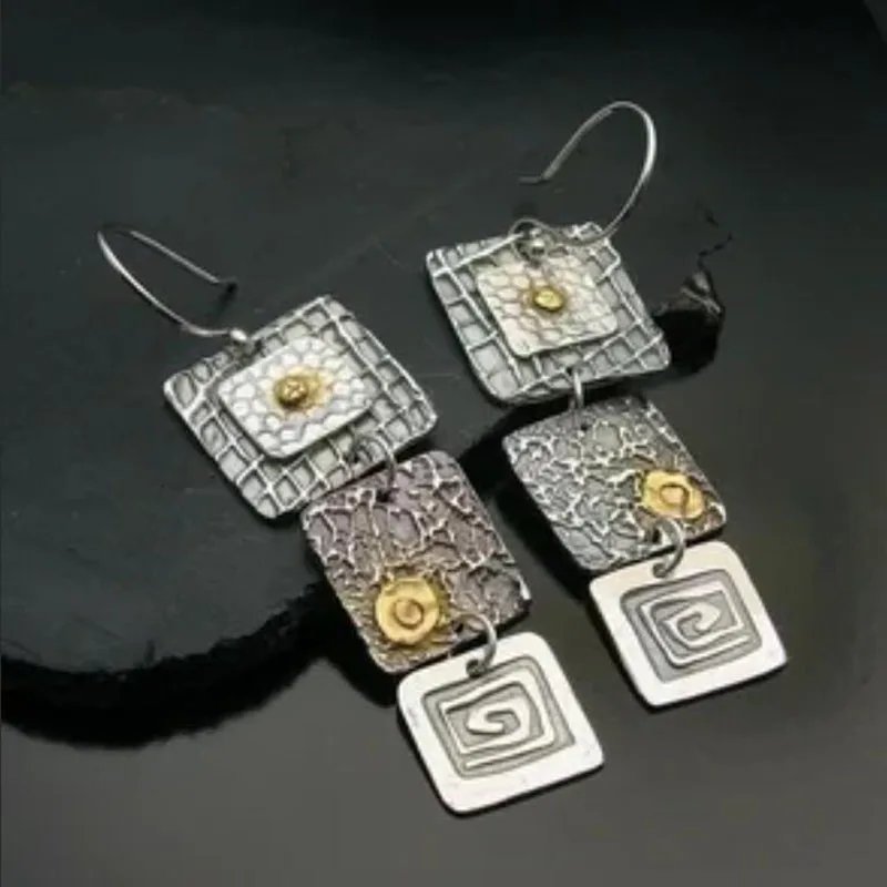Punk Geometric Carved Square Dangle Earrings Women Tribal Jewelry Vintage Metal Handmade Long Hook Earrings Gift Punk Geometric Carved Square Dangle Earrings Women Tribal Jewelry Vintage Metal Handmade Long Hook Earrings Gift