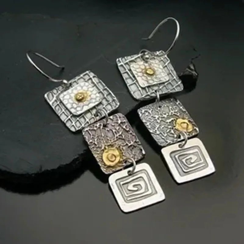 Punk Geometric Carved Square Dangle Earrings Women Tribal Jewelry Vintage Metal Handmade Long Hook Earrings Gift