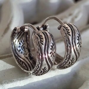 Ethnic Vintage Silver Hoops Women's Earrings Circle Hand Carving Pattern Party Wear