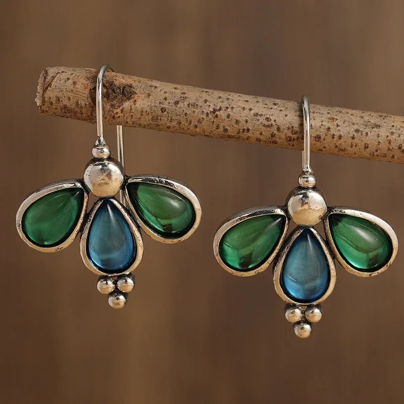 Charm Green Blue Stone Waterdrop Hook Earrings for Women Silver Color Dangle Earrings Wedding Jewelry