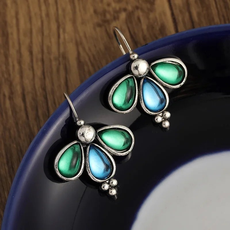 Charm Green Blue Stone Waterdrop Hook Earrings for Women Silver Color Dangle Earrings Wedding Jewelry