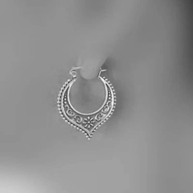 Vintage Ethnic-style Hand Carved Silvery Plated Hoop Earrings for Women's Hollowed Earrings Festival Jewelry Accessories Crafts